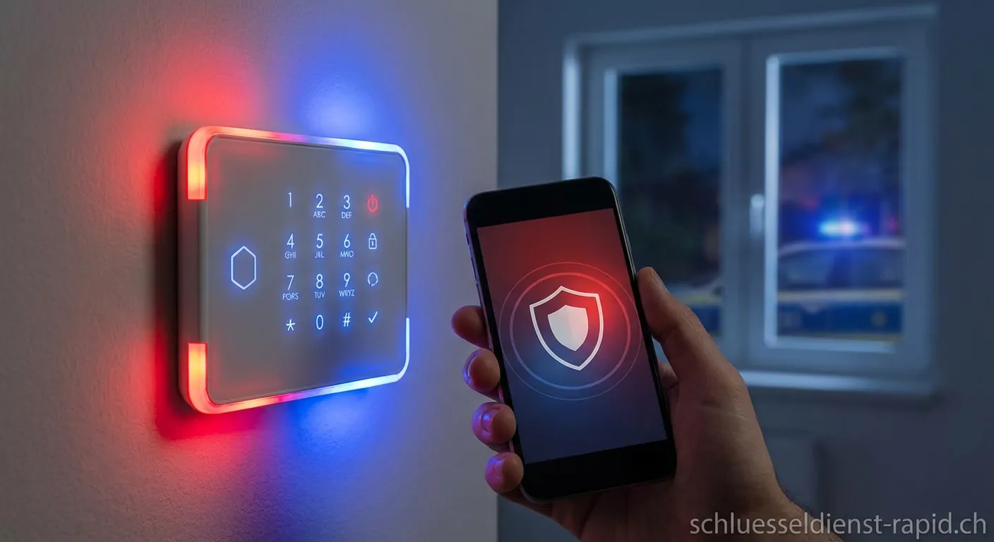 Hand gibt Code auf Ziffernblock einer modernen Alarmanlage ein