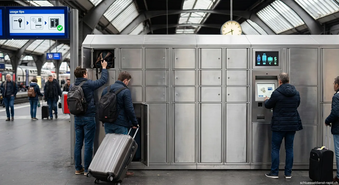 Reihe von blauen Bahnhof Schließfächern in einer hellen Bahnhofshalle