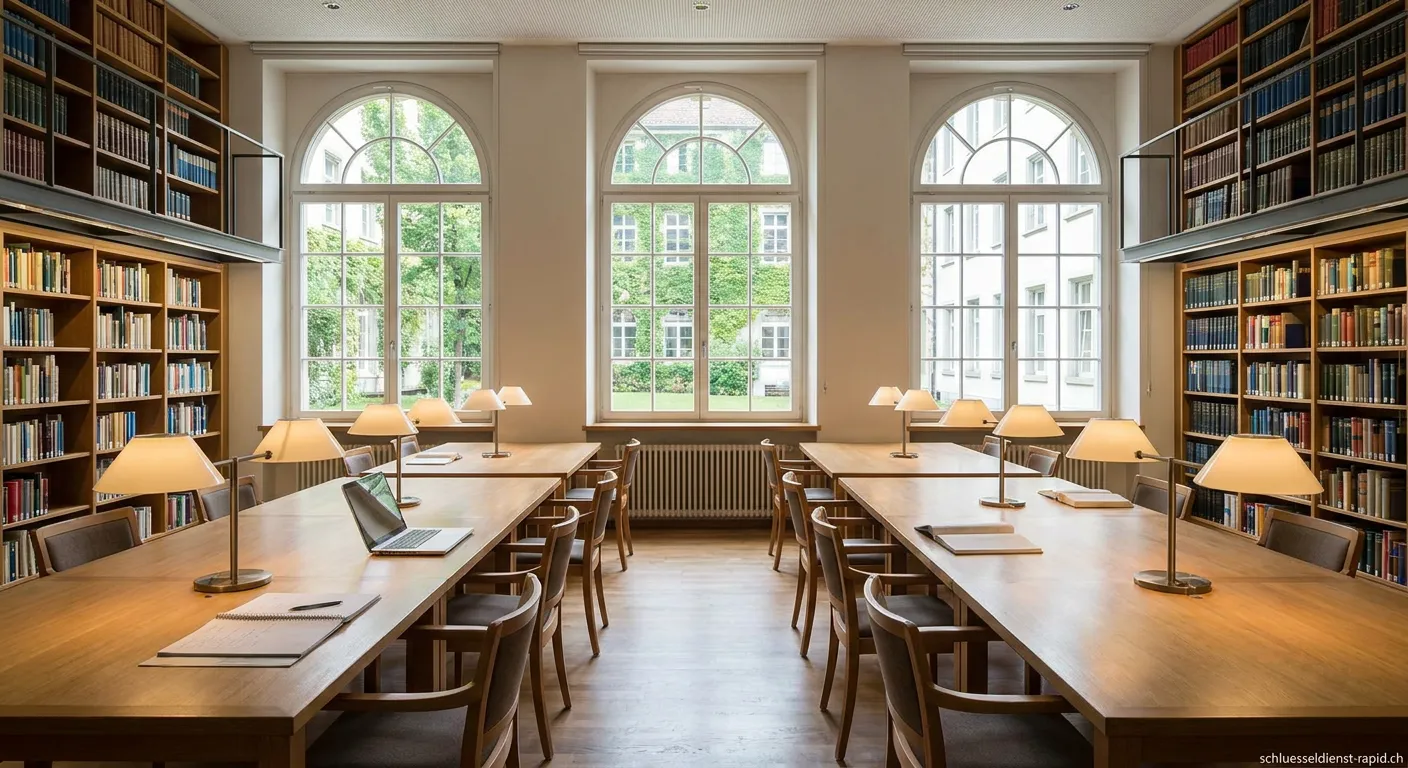 Bibliothek Lesesaal mit Reihen von Arbeitstischen und Bücherregalen