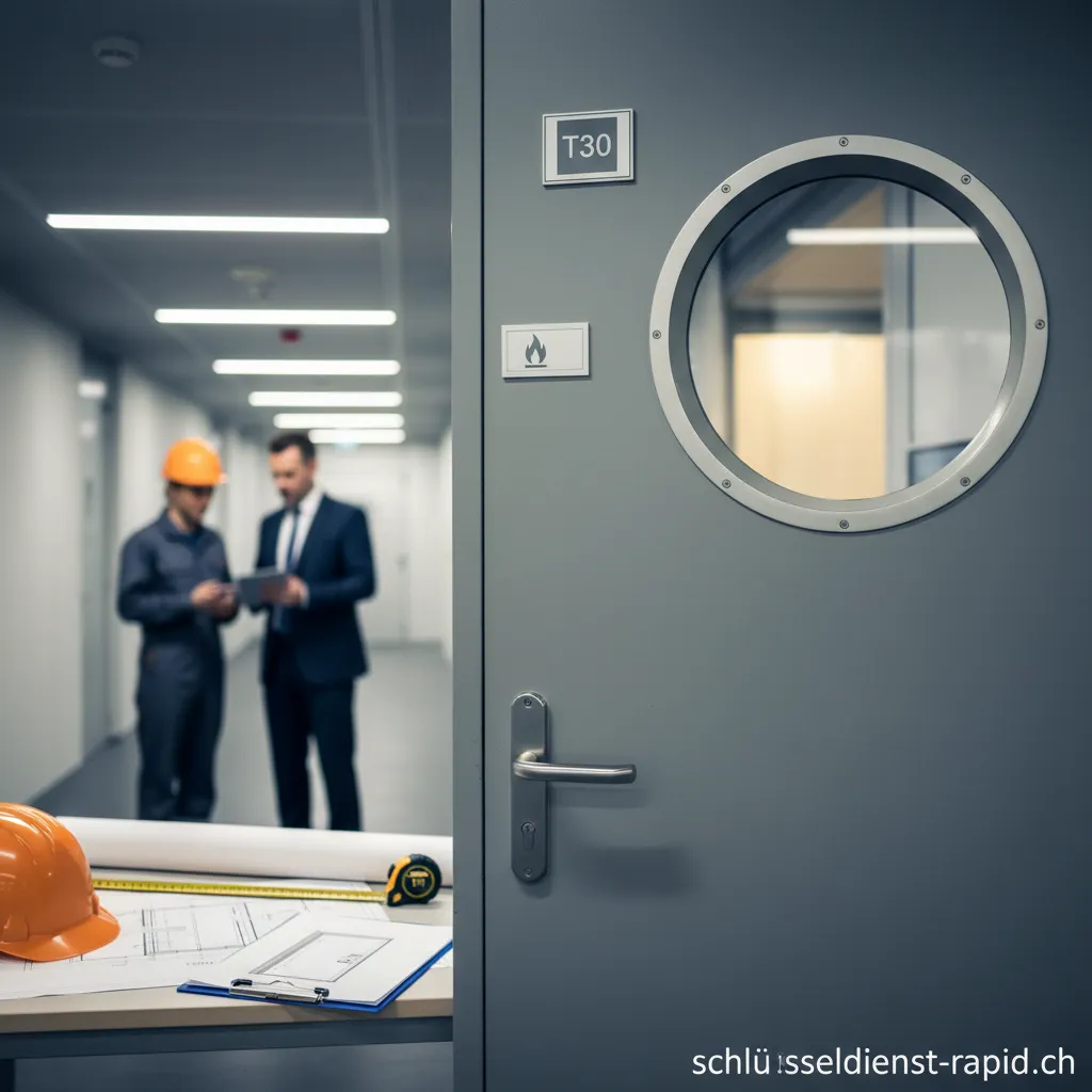 Eine moderne und geschlossene Brandschutztür T30 aus Stahl in einem Bürogebäude.