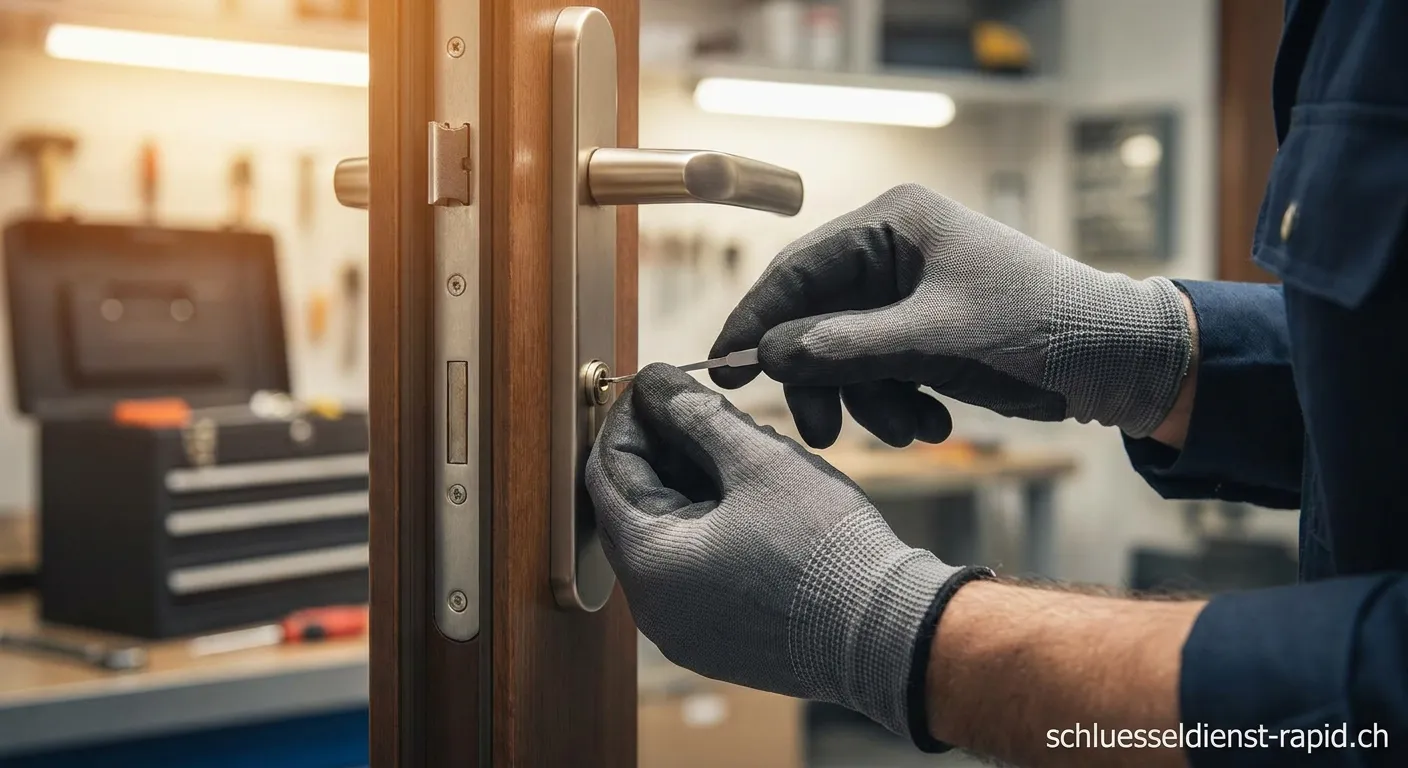 Schlüsseldienst-Techniker wendet die Bypass-Methode an einer verschlossenen Tür an