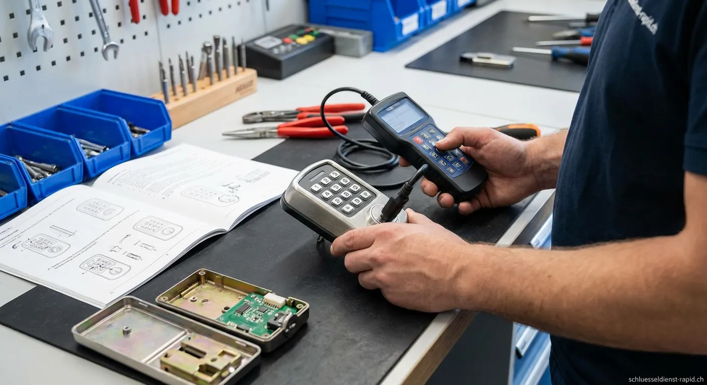 Hand gibt Code auf einem elektronischen Türschloss ein