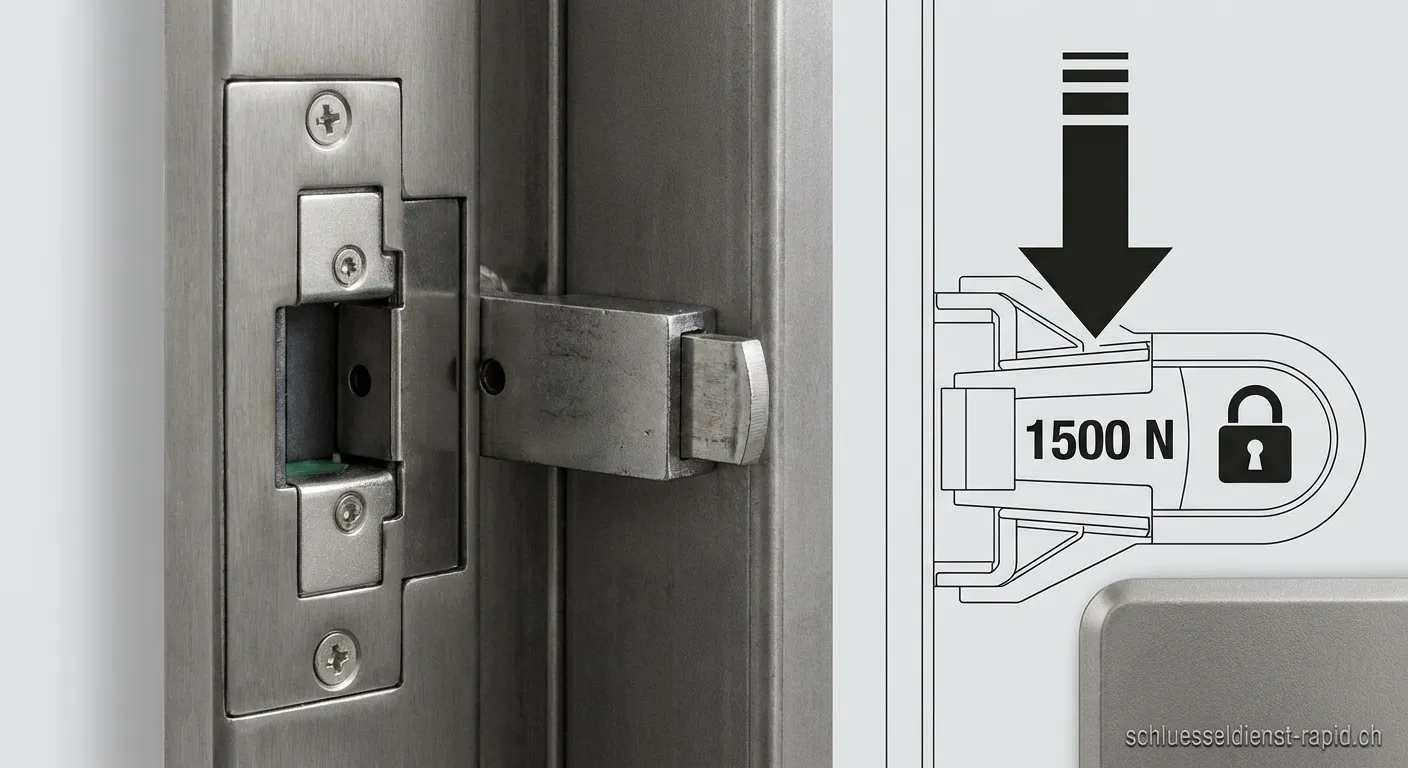 Detailansicht eines elektrischen Türöffners mit Spezifikation Druckfestigkeit 1500 N