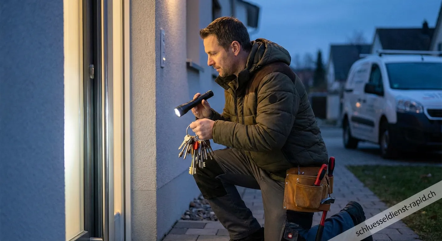 Professioneller Handwerker vom Eilservice Schlüssel öffnet eine Wohnungstür mit Spezialwerkzeug