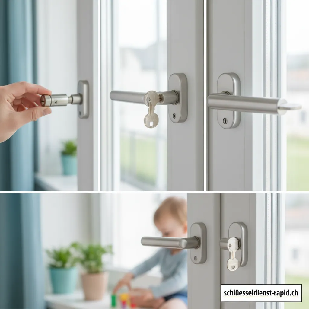 Ein abschließbarer Fenstergriff wird an einem weißen Kunststofffenster montiert.