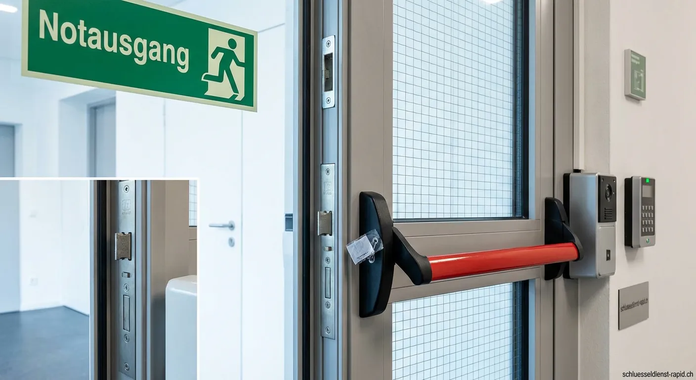 Eine grüne Fluchttür mit silberner Panikstange in einem modernen Gebäude