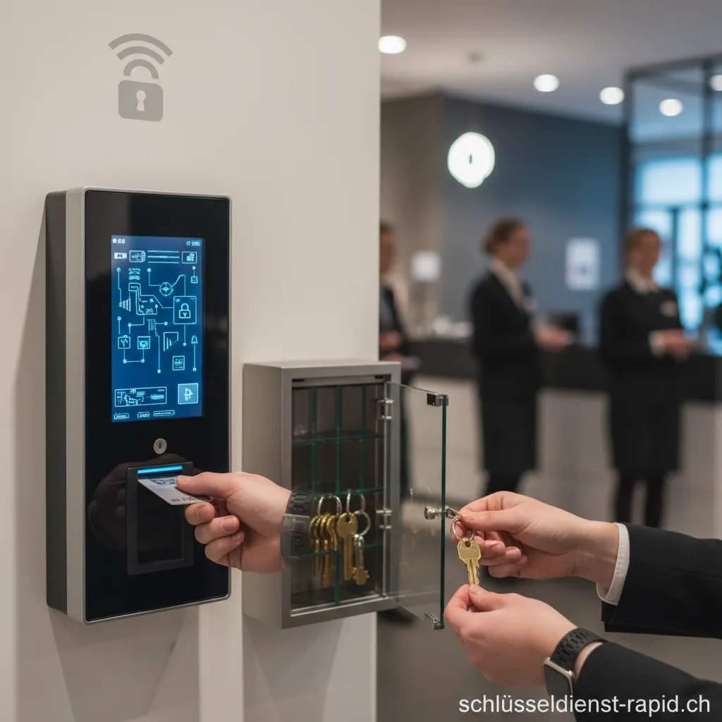 Eine moderne Hotelrezeption mit einem digitalen Schlüsselkartensystem zur Schlüsselverwaltung.