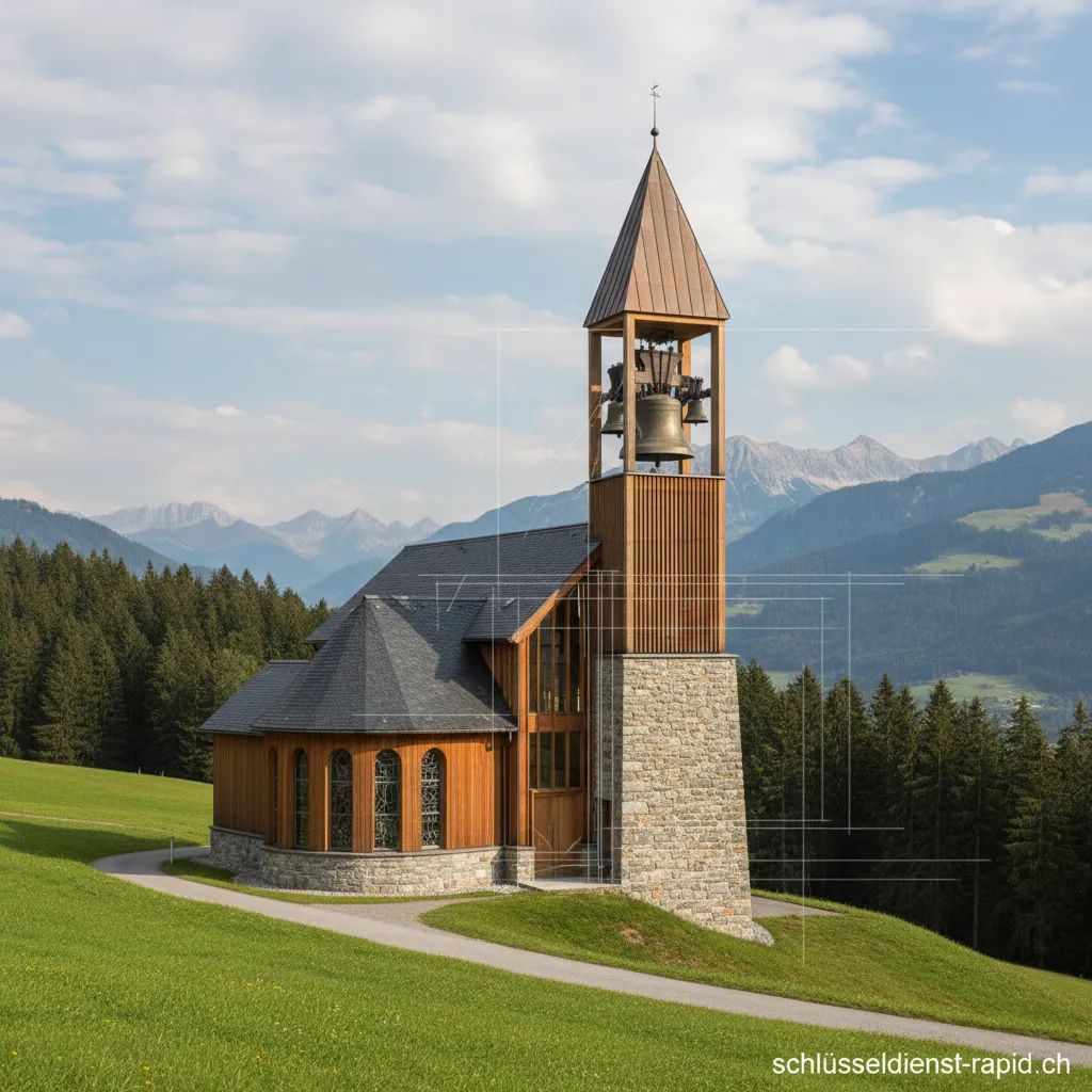 Eine malerische Kapelle mit einem freistehenden Glockenturm bei Sonnenuntergang.