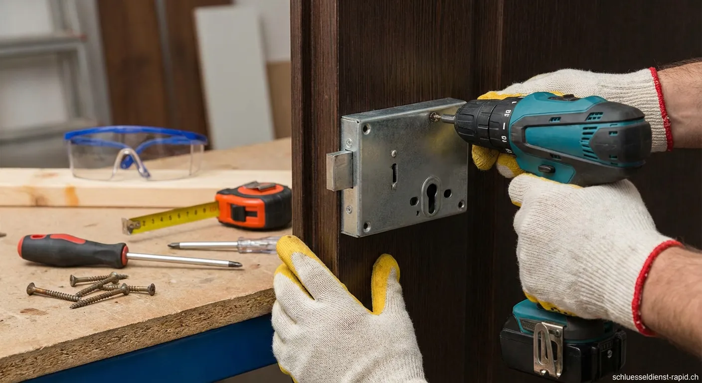 Handwerker beim Kastenzusatzschloss montieren an einer weissen Wohnungstür