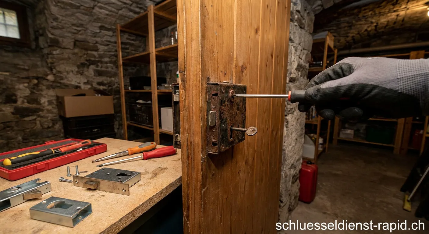 Handwerkler beim professionellen Austauschen eines Kellerschlosses