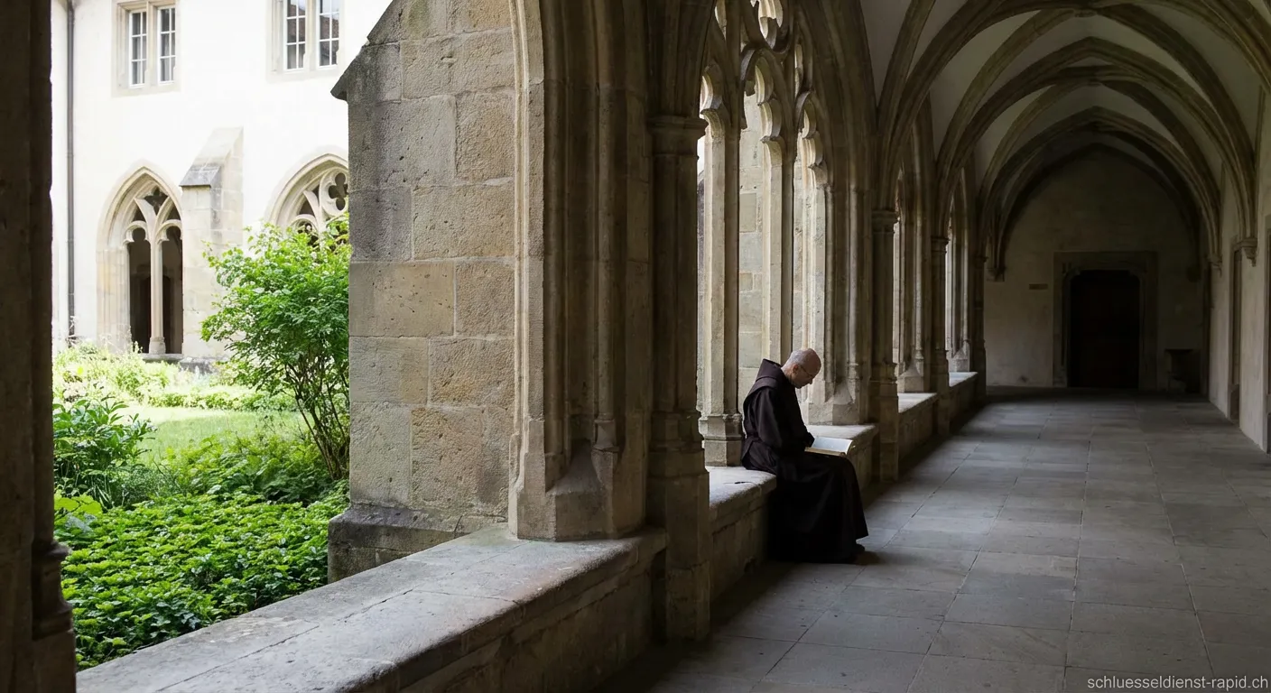 Ein ruhiger Klostergang mit Licht und Schatten, der die Atmosphäre der Kloster Klausur symbolisiert