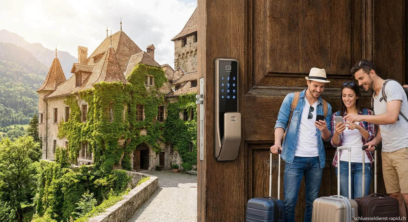 Modernes Smart Lock an einer Holztür für Ferienwohnung Kurzzeitmiete
