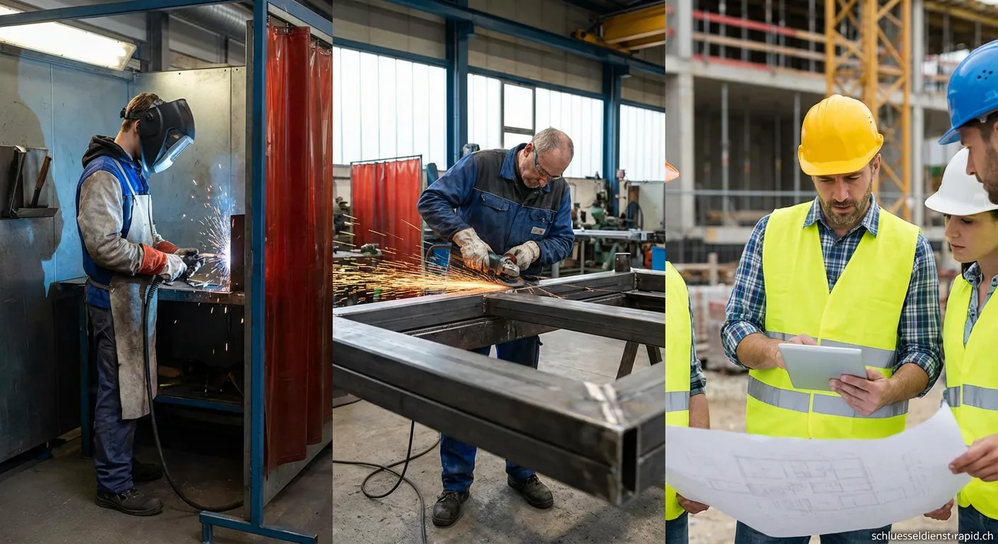 **Metallbauer** bei der Arbeit an einem Stahlbau-Projekt