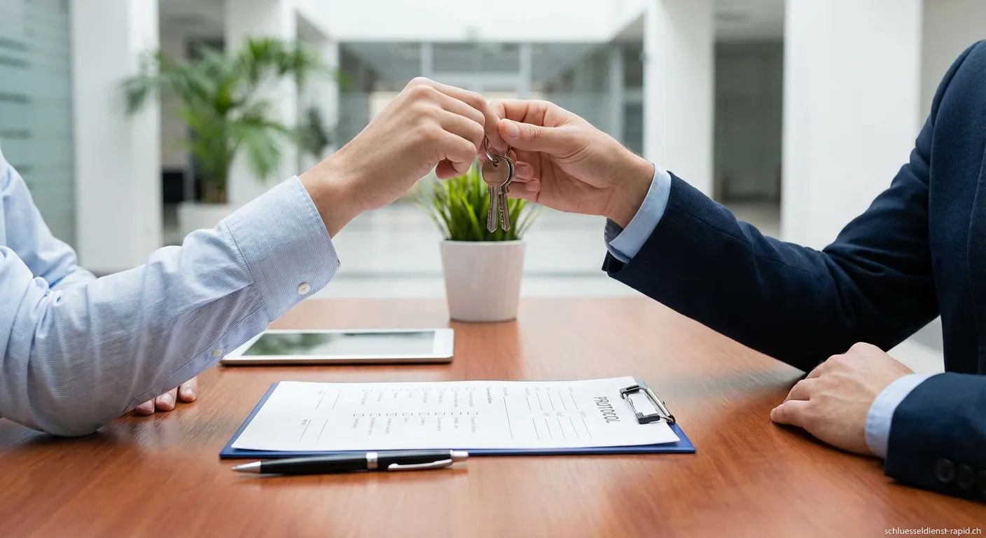 Hände übergeben Hausschlüssel über einem Schlüsselübergabeprotokoll Formular