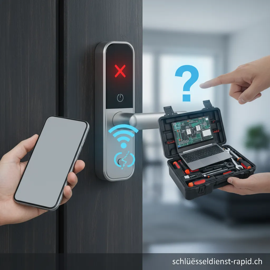 Ein Smart Lock an einer Haustür, das ein Offline-Symbol anzeigt