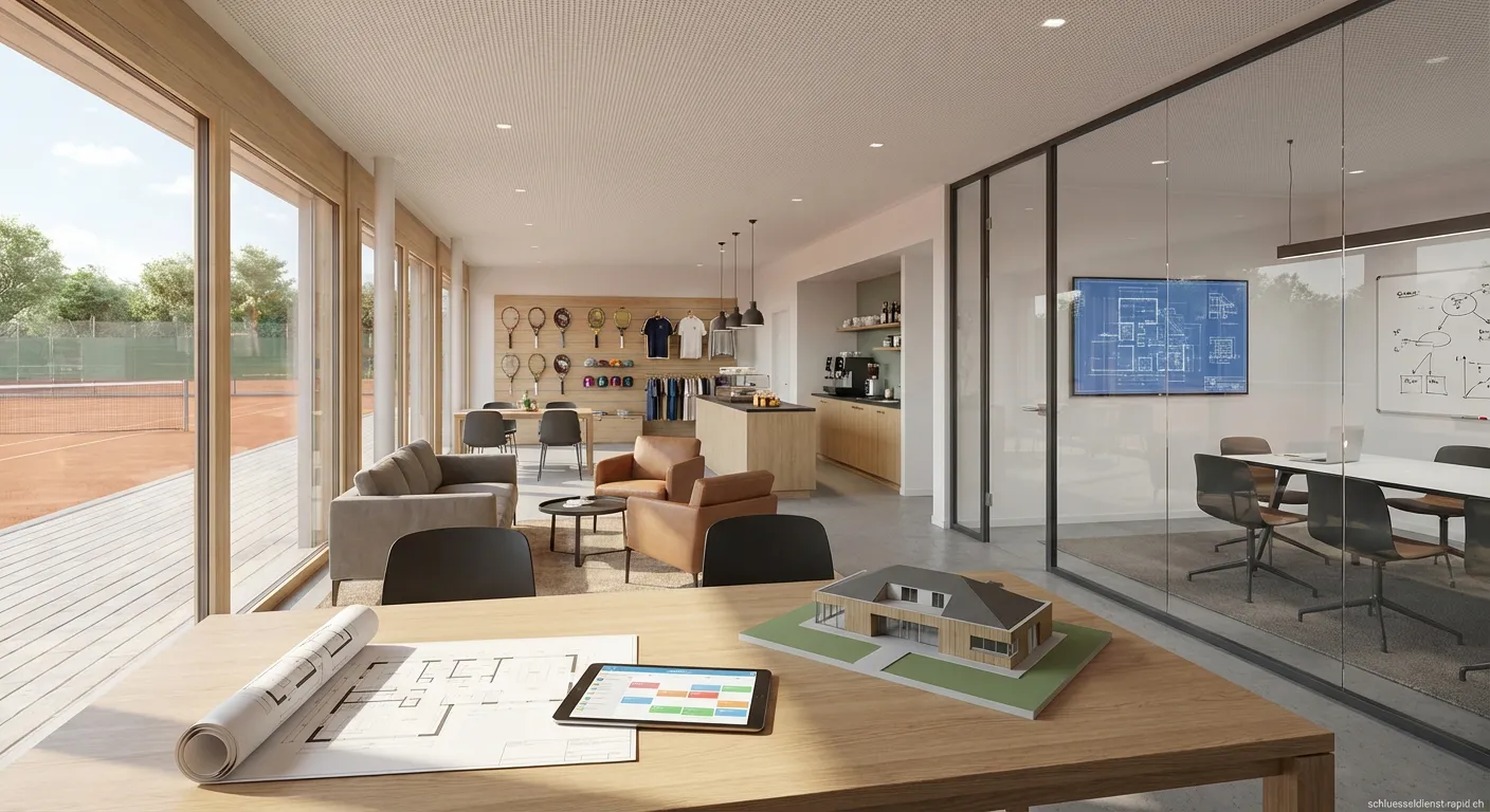 Tennisclub Platzhaus mit moderner Architektur und Terrasse