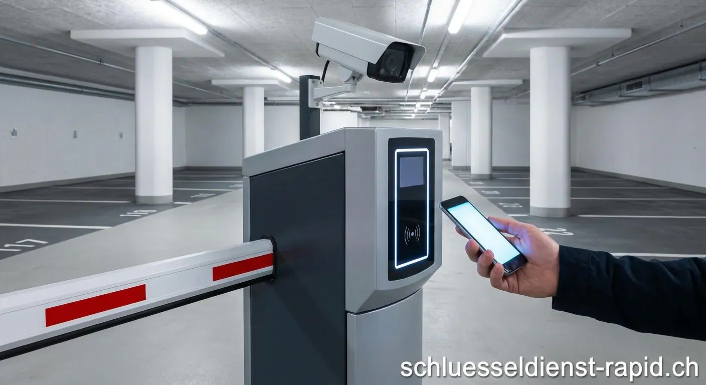 Auto fährt in Tiefgarage ein, Fahrer nutzt modernes Tiefgarage Schließsystem zur Öffnung